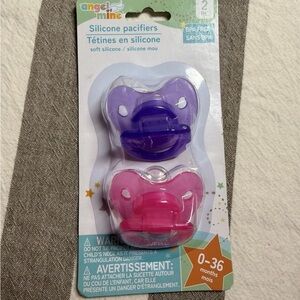 Angel of Mine Silicone Pacifiers - Purple and Pink Set of Two New